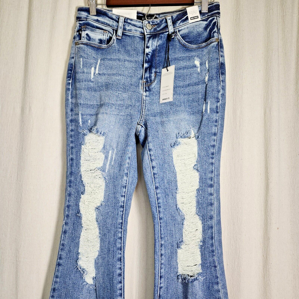 Judy Blue Jeans Womens Sz 7/28 High Waist Flare Fit Distressed Stretch Fray Cuff - Picture 3 of 16